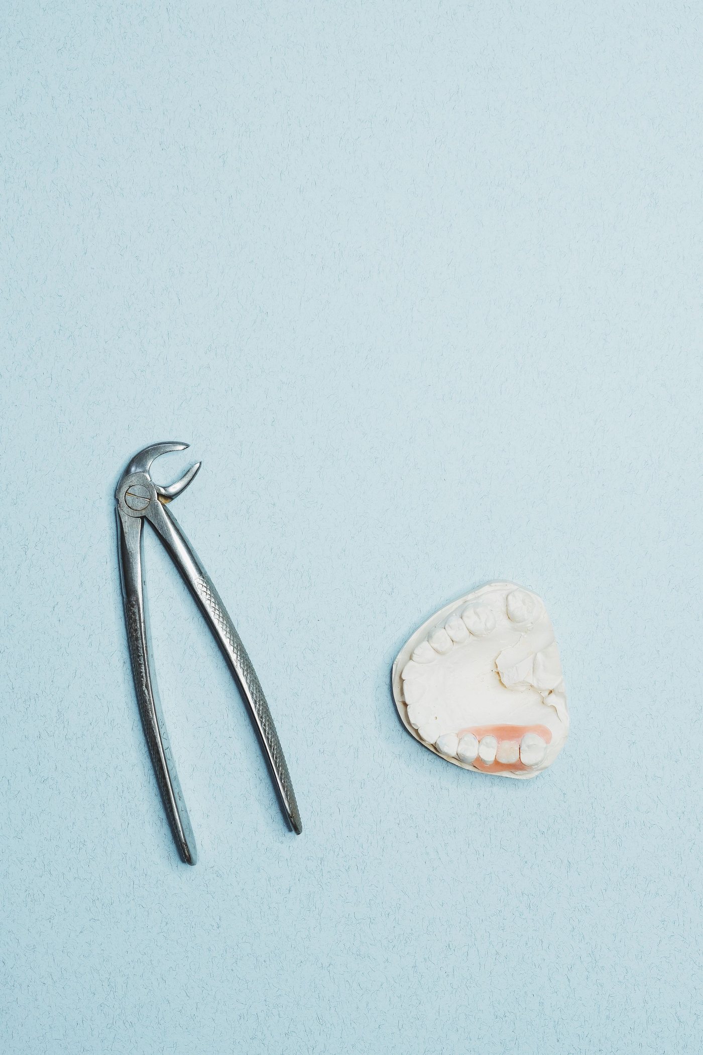 Extraction forceps beside a dental model